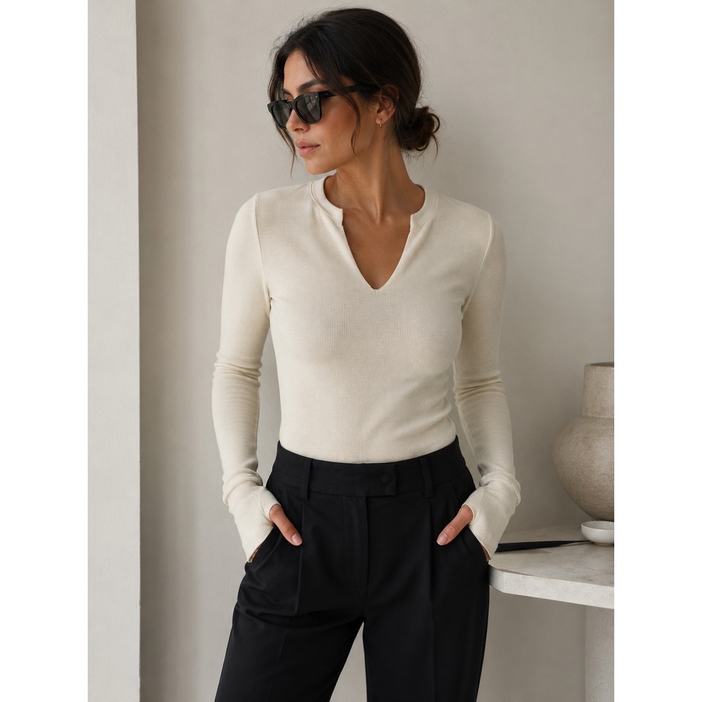 Helmut Lang Waffle Knit Top Womens Small Ivory Split V-Neck Thumbhole